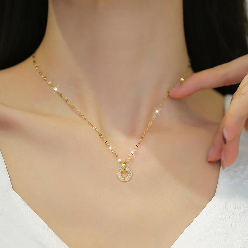 18k Gold Plated Ladies Jewelry Bling Circle Zircon Round Pendant Earring Necklace Jewelry for Women