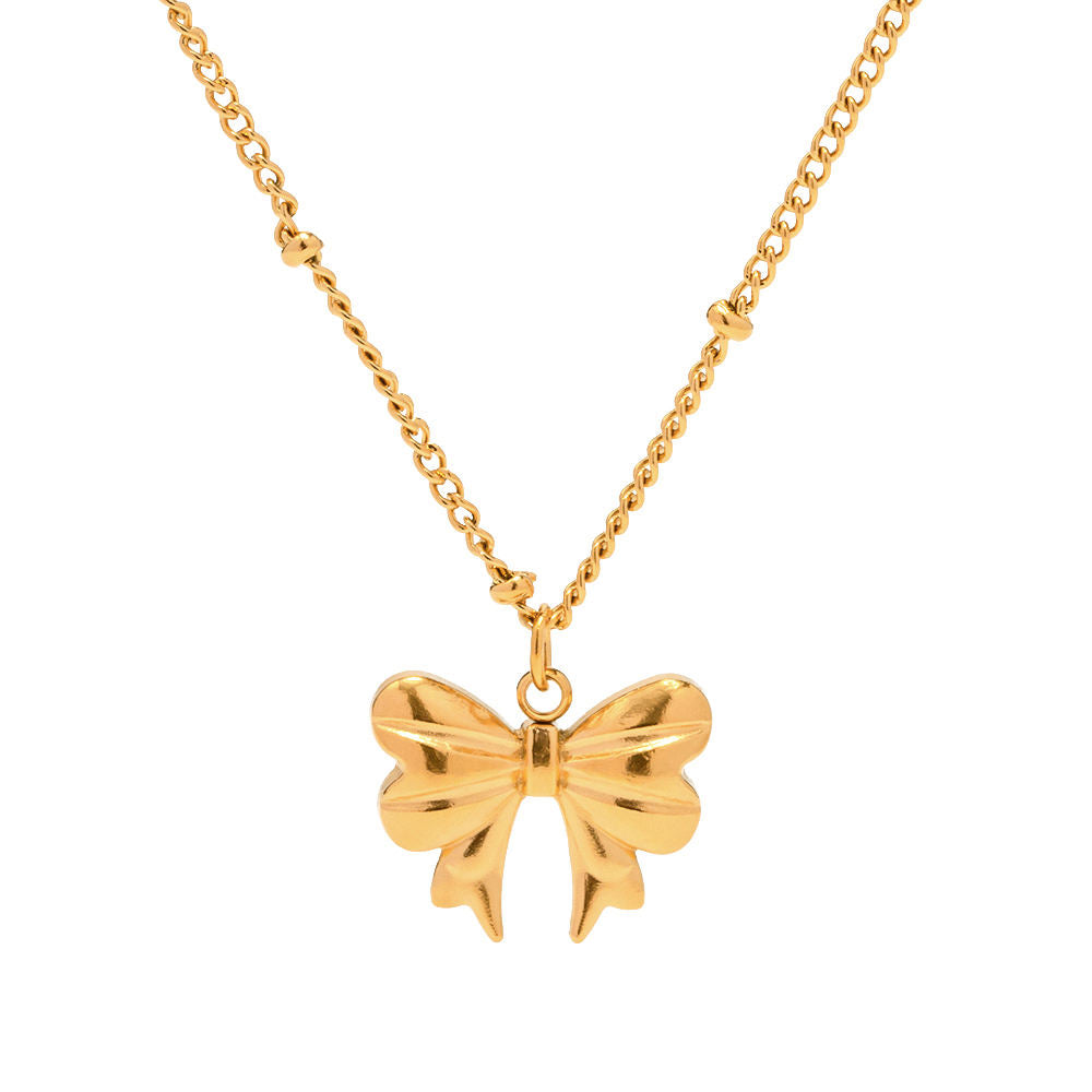 Gold Plated Charm Necklace Stainless Steel Bow Pendant Necklace