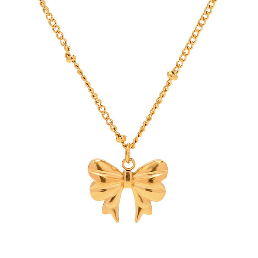 Gold Plated Charm Necklace Stainless Steel Bow Pendant Necklace