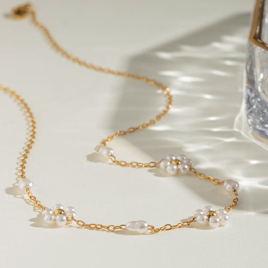 PVD Gold Plating Vintage Jewelry Stainless Steel Pearl Flower Necklace