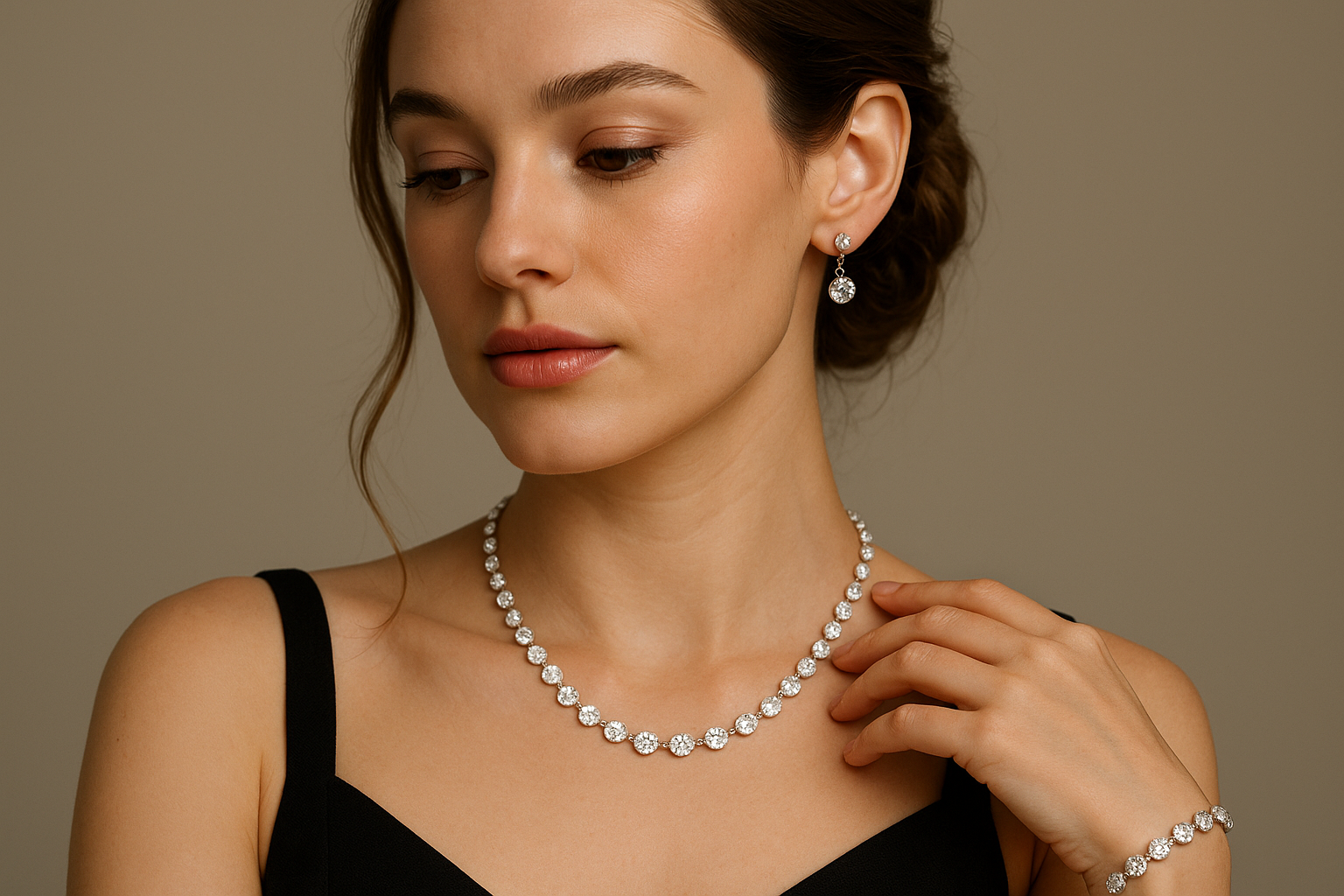 girl wearing necklace, earrings and bracelet