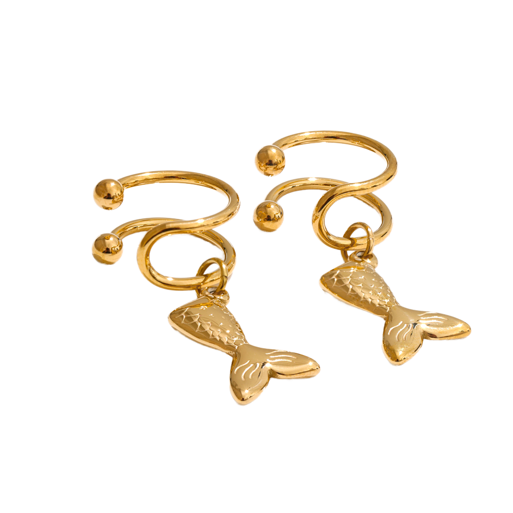 18K Gold PVD Plated Waterproof Stainless Steel Fish Tail Ear Cuff Clip-On Earrings Jewelry