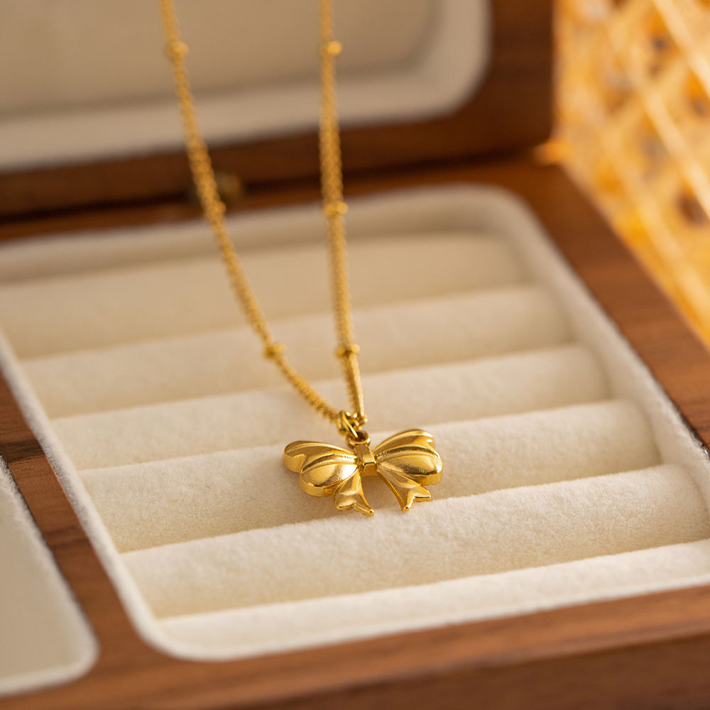 Gold Plated Charm Necklace Stainless Steel Bow Pendant Necklace