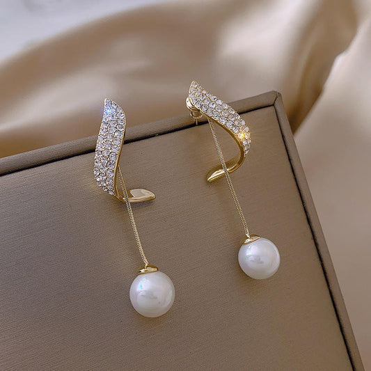 Silver Gold Plated New Tide Fashion Diamond Pearl Earring Female Temperament Simple Earring