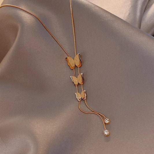 18K Gold Plated Matte Frosting Stainless Steel Butterfly Pendant Necklace Silver Rose Gold Women Girl Elegant Necklace Jewelry